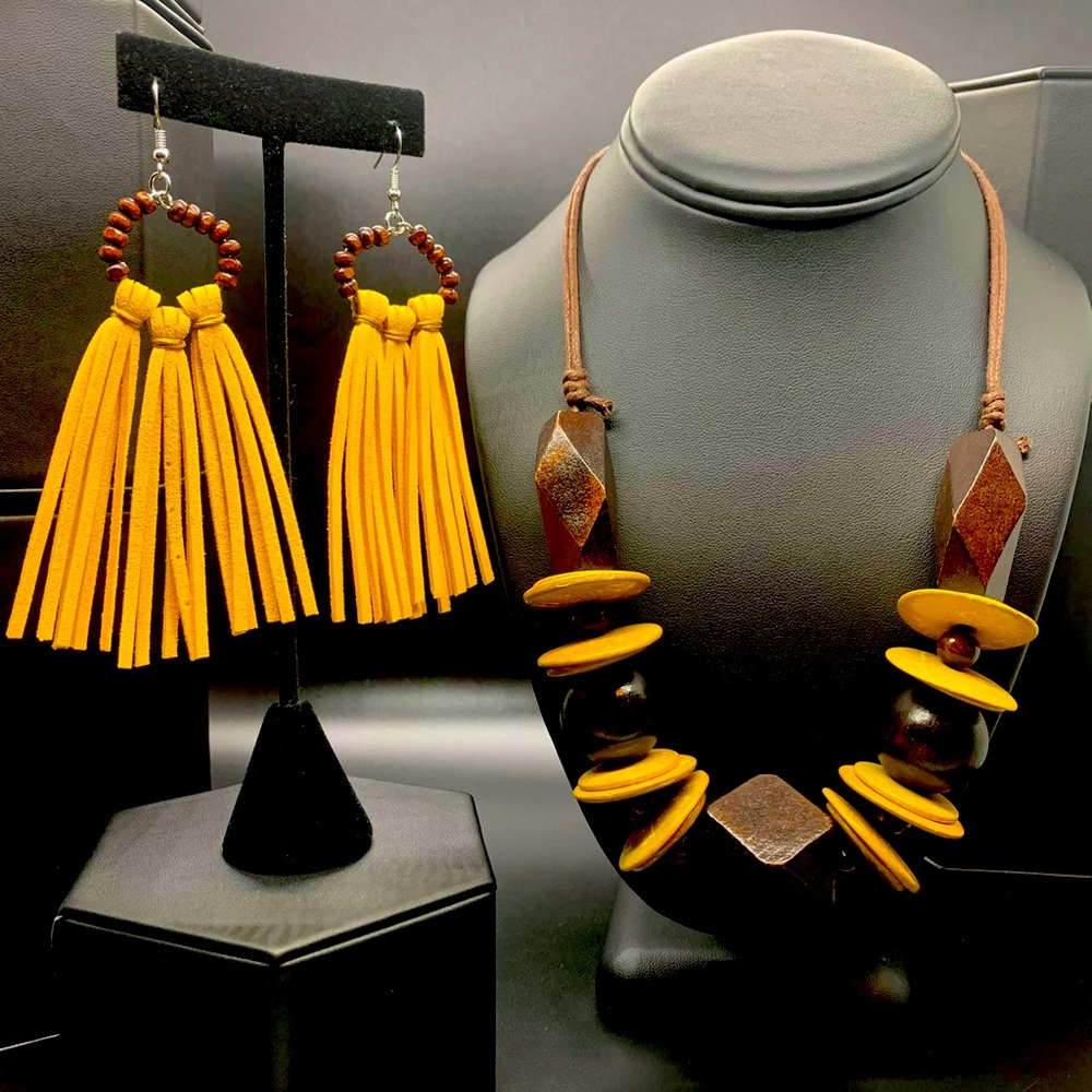 Brown and yellow wooden necklace and fringe earring set